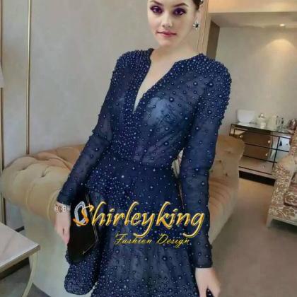 Real Image Navy Blue Lace Formal Evening Dress..