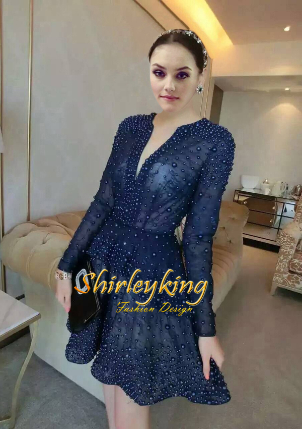 Real Image Navy Blue Lace Formal Evening Dress With V-neck Long Sleeves Prom Dresses With Pearls Party Gowns 2017
